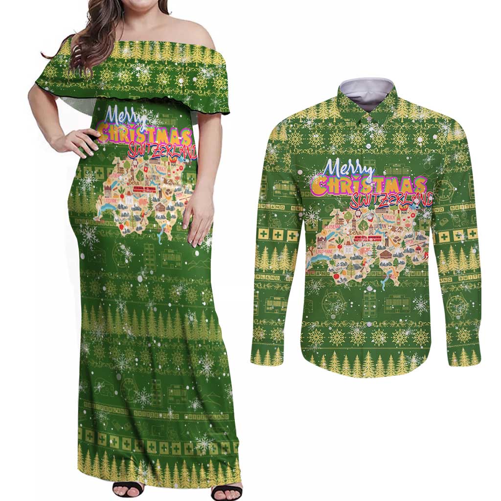 Merry Christmas Switzerland Couples Matching Off Shoulder Maxi Dress and Long Sleeve Button Shirt Xmas Travel Map - Wonder Print Shop