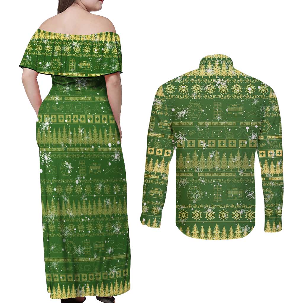 Merry Christmas Switzerland Couples Matching Off Shoulder Maxi Dress and Long Sleeve Button Shirt Xmas Travel Map - Wonder Print Shop