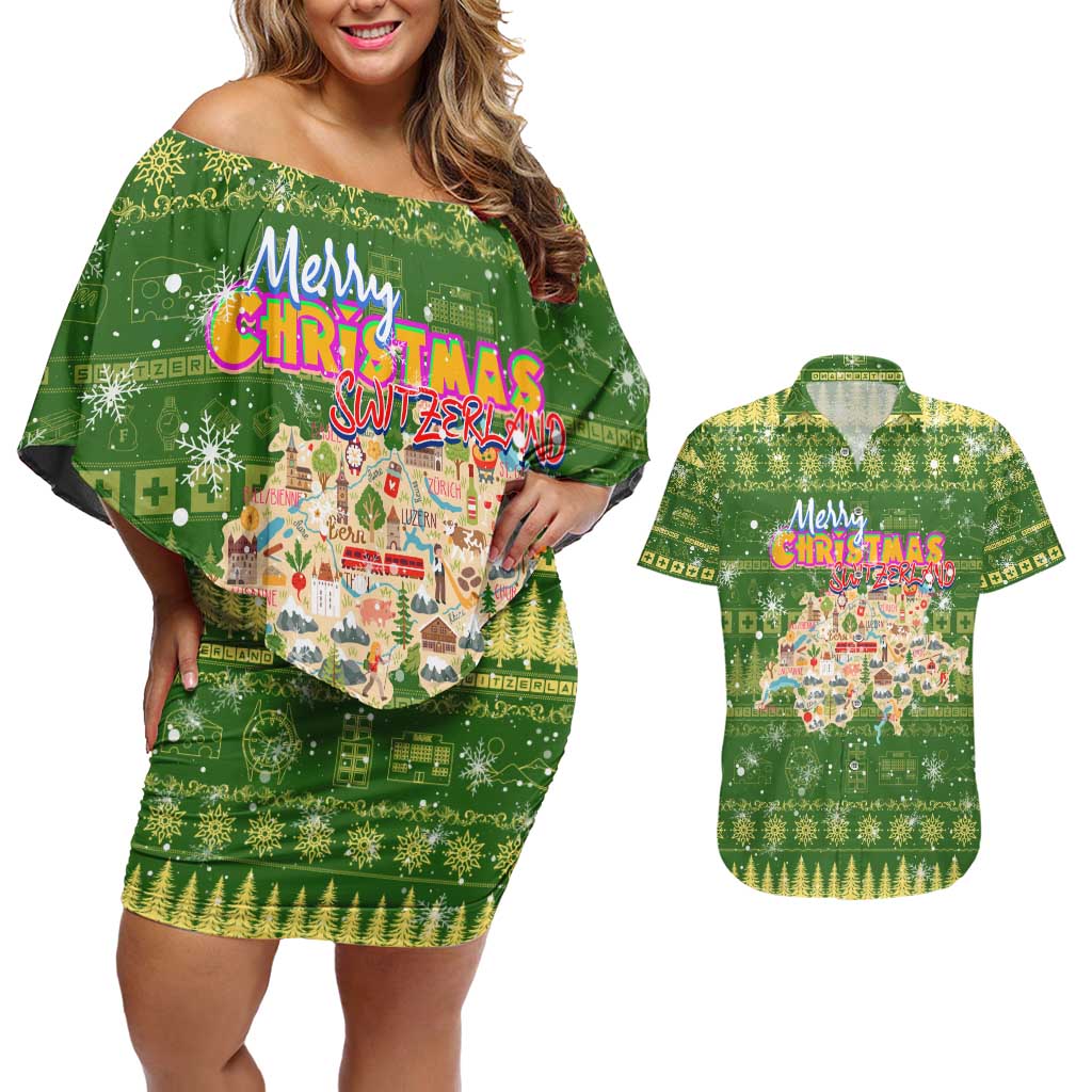 Merry Christmas Switzerland Couples Matching Off Shoulder Short Dress and Hawaiian Shirt Xmas Travel Map - Wonder Print Shop