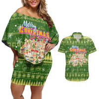 Merry Christmas Switzerland Couples Matching Off Shoulder Short Dress and Hawaiian Shirt Xmas Travel Map - Wonder Print Shop