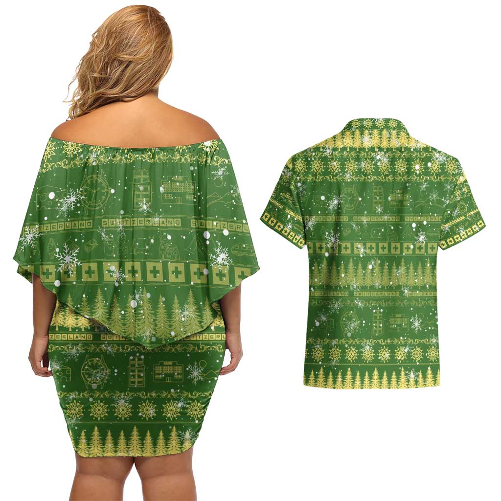 Merry Christmas Switzerland Couples Matching Off Shoulder Short Dress and Hawaiian Shirt Xmas Travel Map - Wonder Print Shop