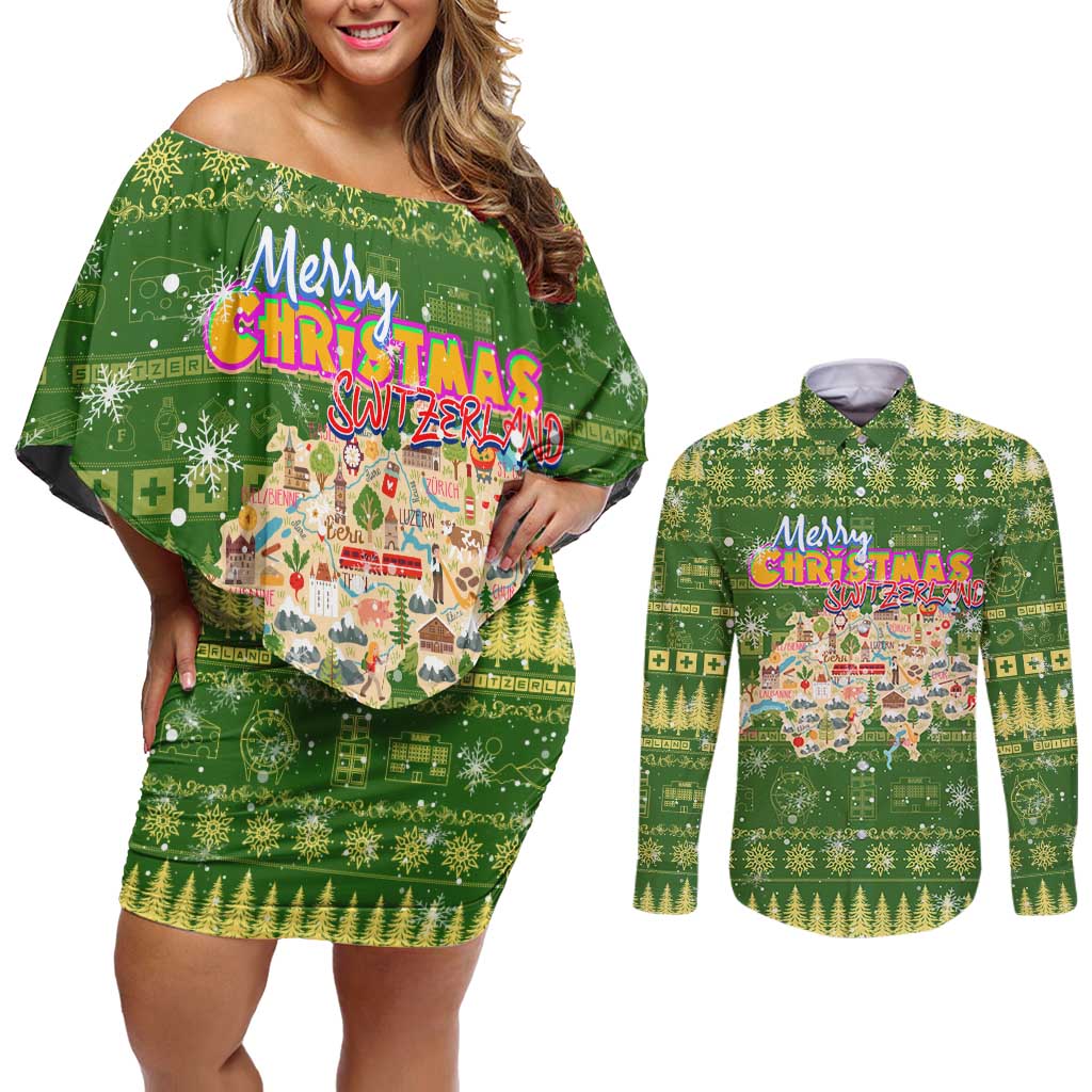 Merry Christmas Switzerland Couples Matching Off Shoulder Short Dress and Long Sleeve Button Shirt Xmas Travel Map - Wonder Print Shop