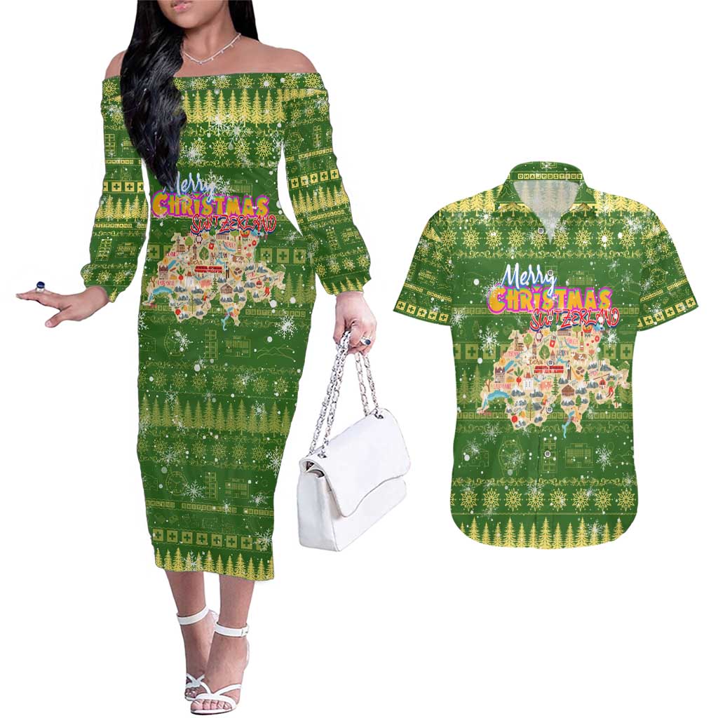 Merry Christmas Switzerland Couples Matching Off The Shoulder Long Sleeve Dress and Hawaiian Shirt Xmas Travel Map - Wonder Print Shop