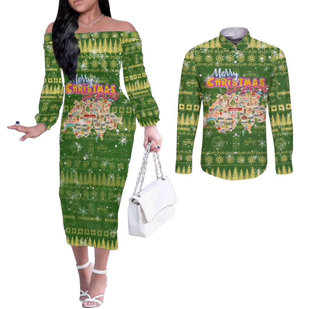 Merry Christmas Switzerland Couples Matching Off The Shoulder Long Sleeve Dress and Long Sleeve Button Shirt Xmas Travel Map - Wonder Print Shop