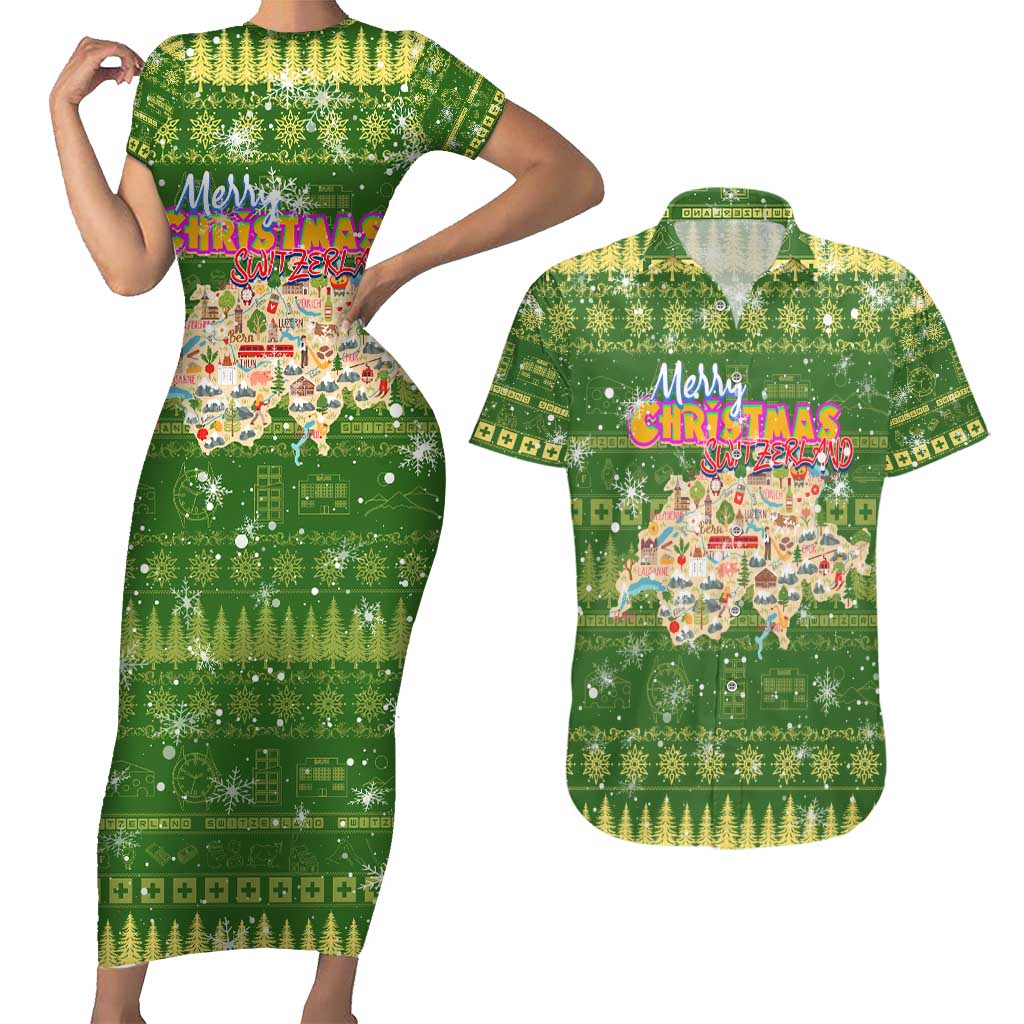 Merry Christmas Switzerland Couples Matching Short Sleeve Bodycon Dress and Hawaiian Shirt Xmas Travel Map - Wonder Print Shop