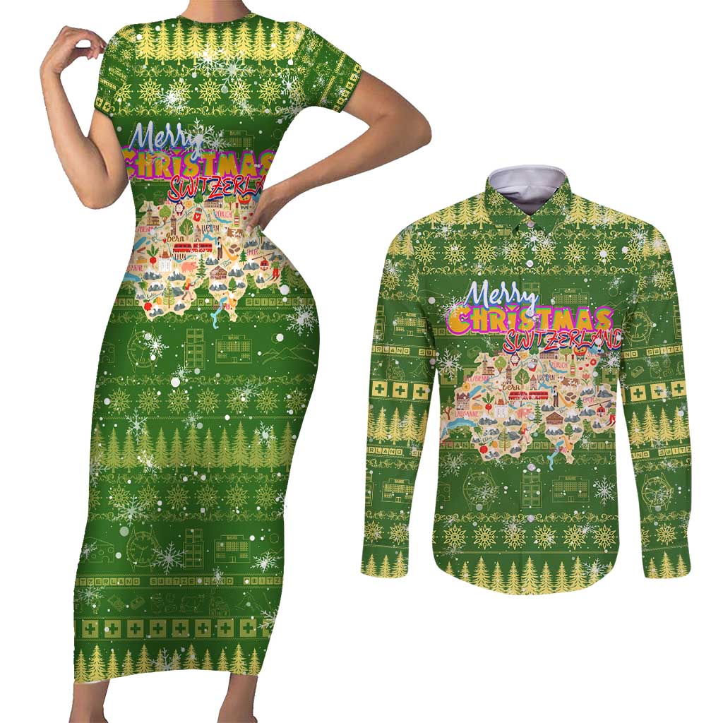 Merry Christmas Switzerland Couples Matching Short Sleeve Bodycon Dress and Long Sleeve Button Shirt Xmas Travel Map - Wonder Print Shop