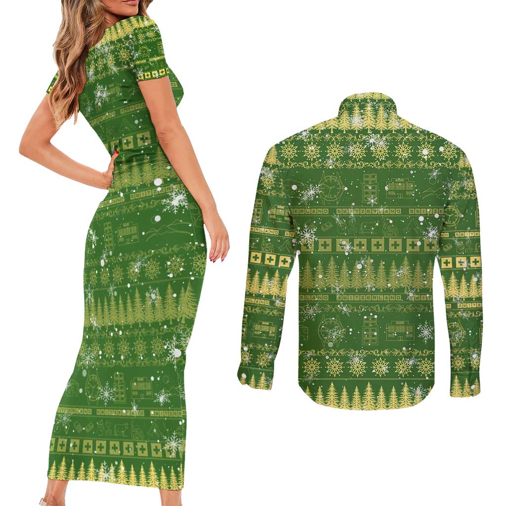 Merry Christmas Switzerland Couples Matching Short Sleeve Bodycon Dress and Long Sleeve Button Shirt Xmas Travel Map - Wonder Print Shop