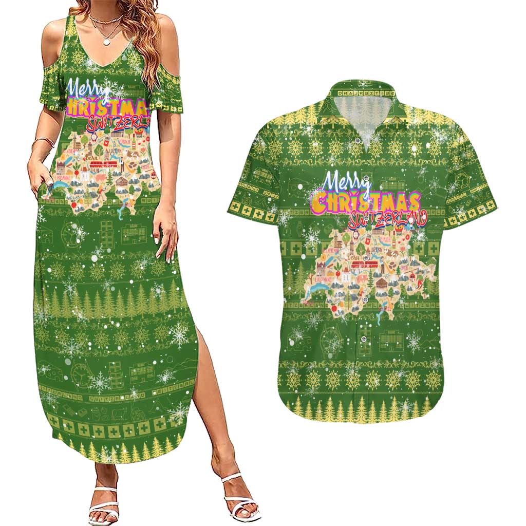 Merry Christmas Switzerland Couples Matching Summer Maxi Dress and Hawaiian Shirt Xmas Travel Map - Wonder Print Shop