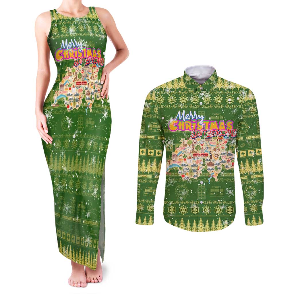 Merry Christmas Switzerland Couples Matching Tank Maxi Dress and Long Sleeve Button Shirt Xmas Travel Map - Wonder Print Shop