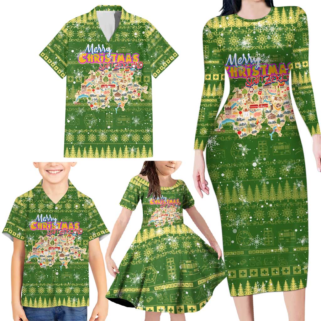 Merry Christmas Switzerland Family Matching Long Sleeve Bodycon Dress and Hawaiian Shirt Xmas Travel Map - Wonder Print Shop