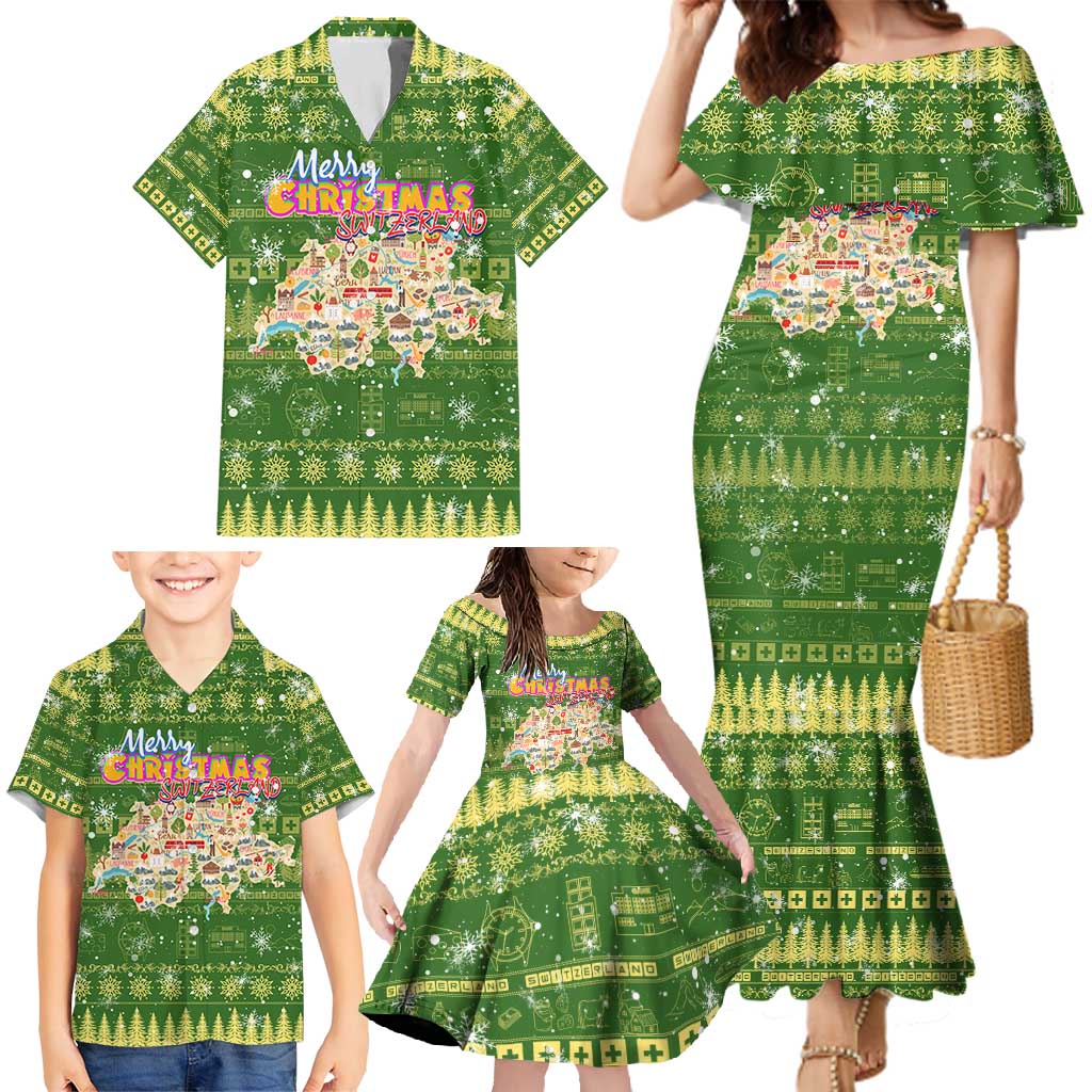 Merry Christmas Switzerland Family Matching Mermaid Dress and Hawaiian Shirt Xmas Travel Map - Wonder Print Shop