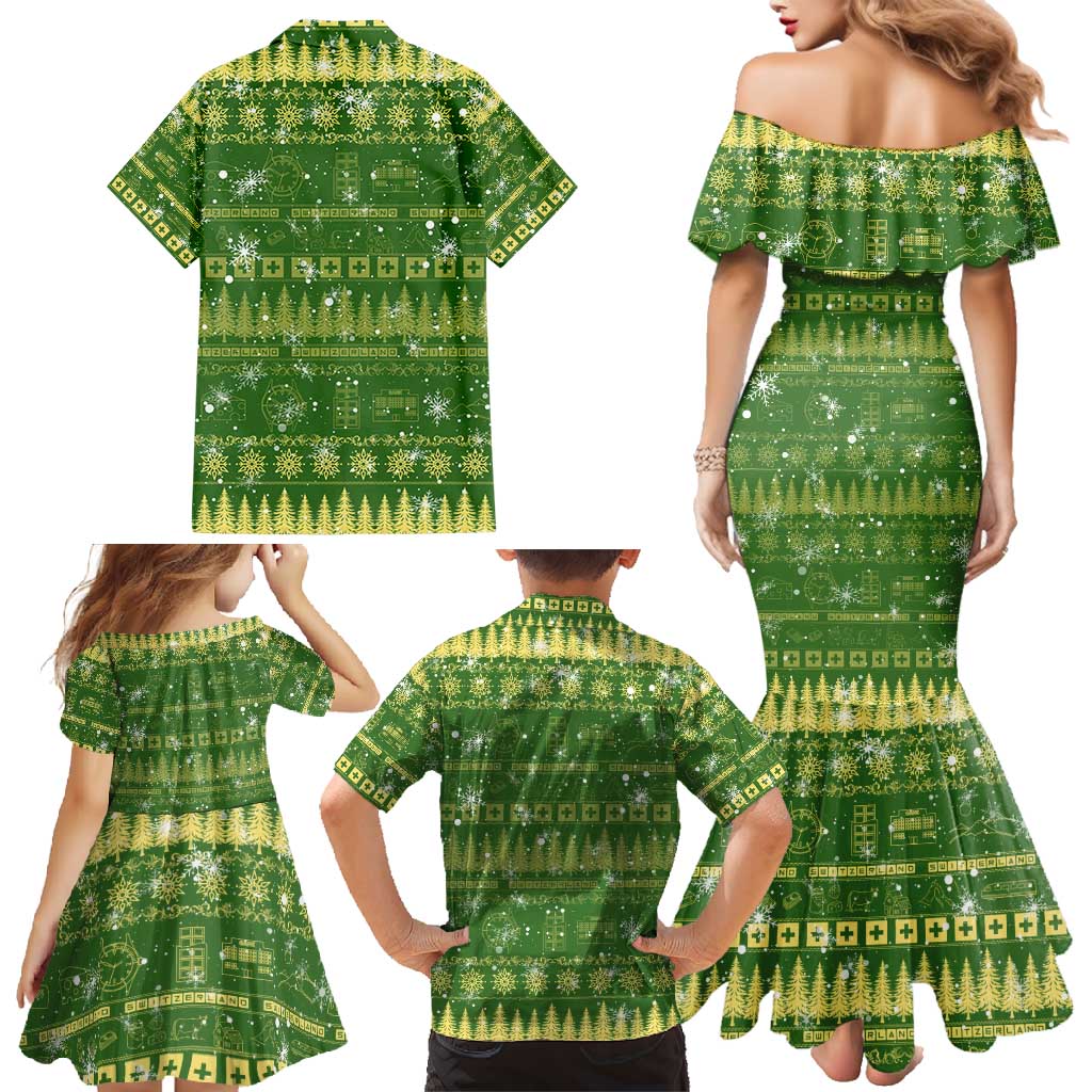 Merry Christmas Switzerland Family Matching Mermaid Dress and Hawaiian Shirt Xmas Travel Map - Wonder Print Shop