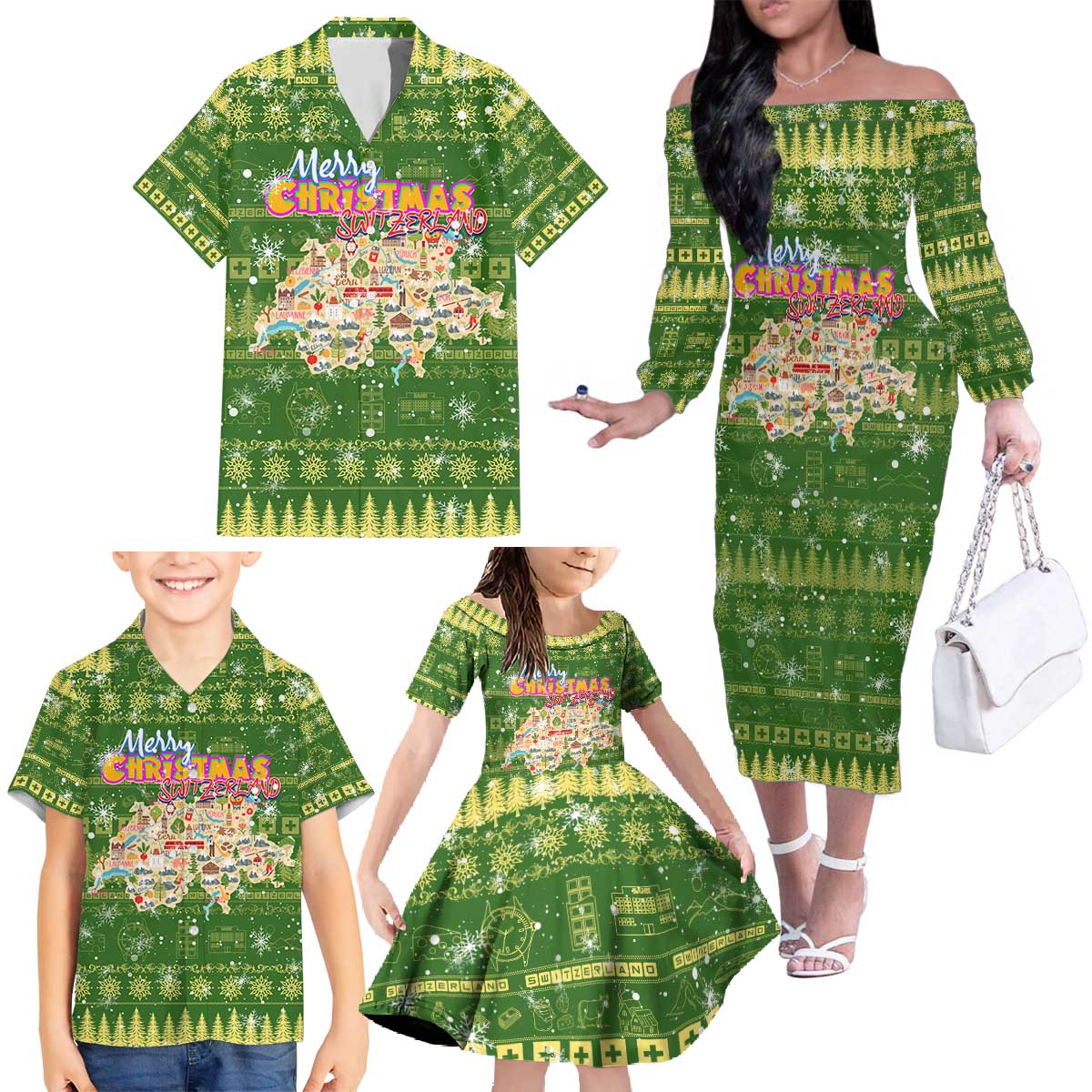 Merry Christmas Switzerland Family Matching Off The Shoulder Long Sleeve Dress and Hawaiian Shirt Xmas Travel Map - Wonder Print Shop