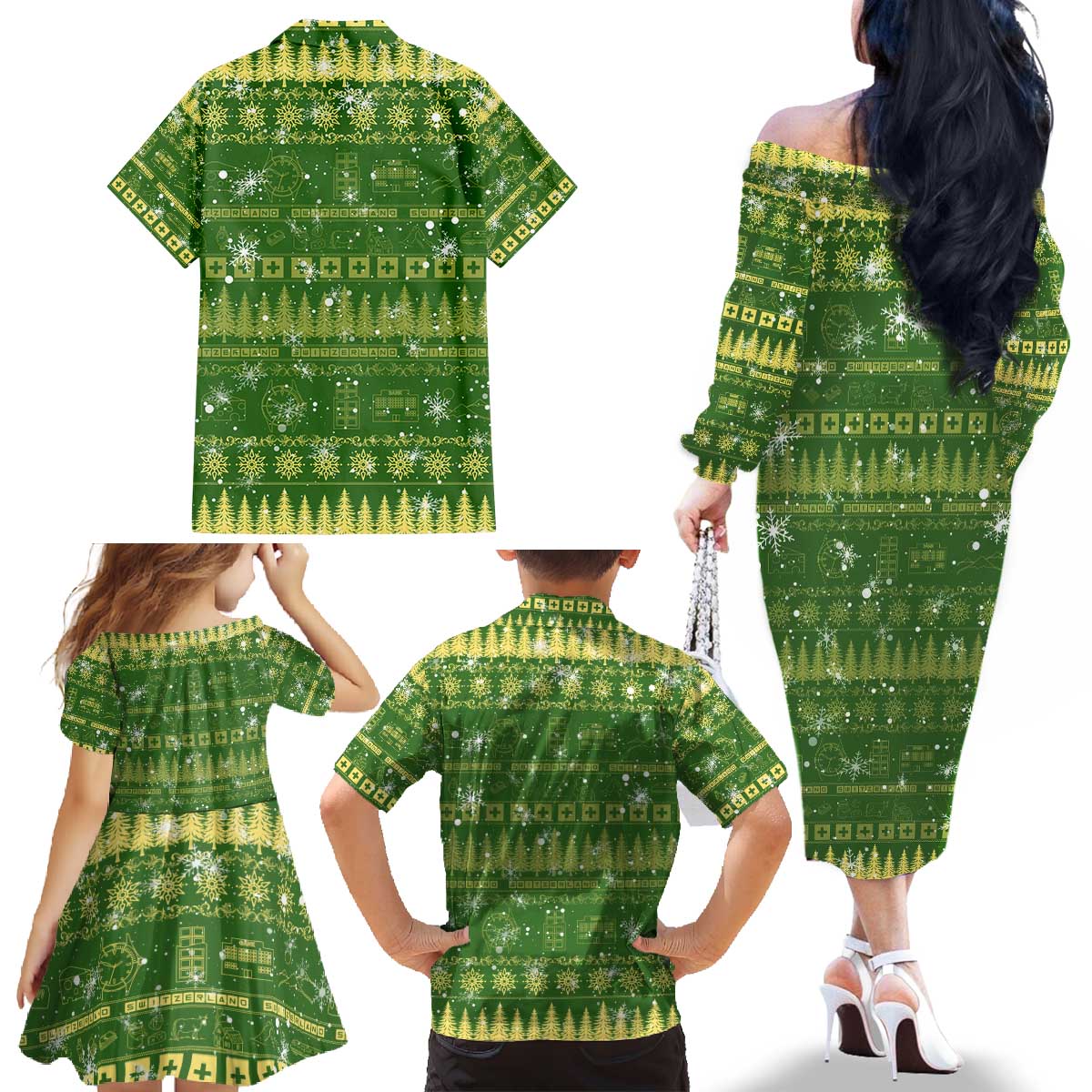 Merry Christmas Switzerland Family Matching Off The Shoulder Long Sleeve Dress and Hawaiian Shirt Xmas Travel Map - Wonder Print Shop