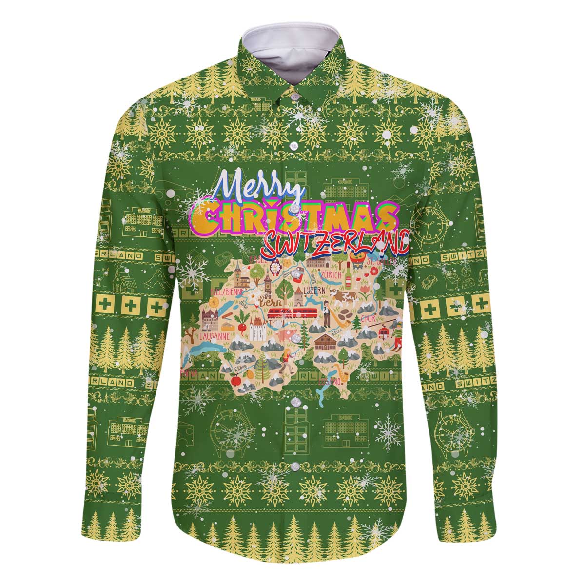 Merry Christmas Switzerland Family Matching Off The Shoulder Long Sleeve Dress and Hawaiian Shirt Xmas Travel Map - Wonder Print Shop