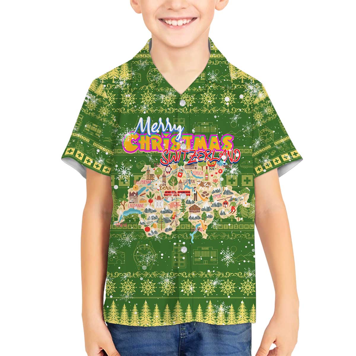 Merry Christmas Switzerland Family Matching Off The Shoulder Long Sleeve Dress and Hawaiian Shirt Xmas Travel Map - Wonder Print Shop