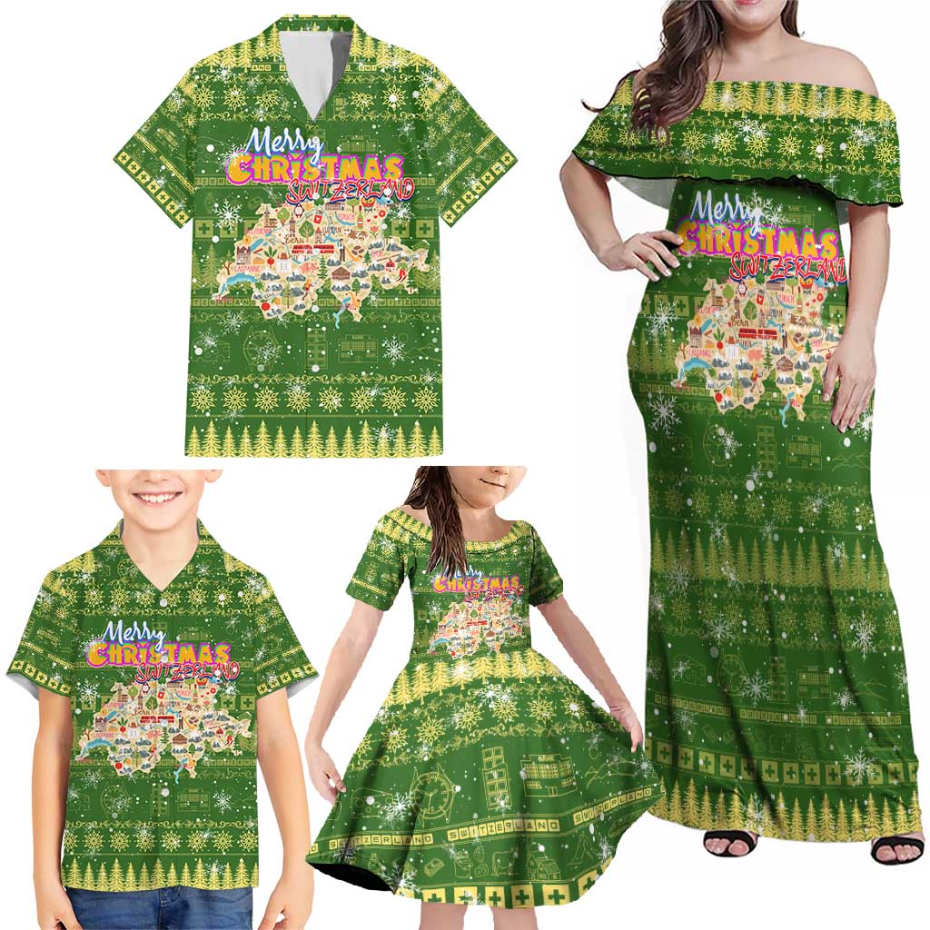 Merry Christmas Switzerland Family Matching Off Shoulder Maxi Dress and Hawaiian Shirt Xmas Travel Map - Wonder Print Shop