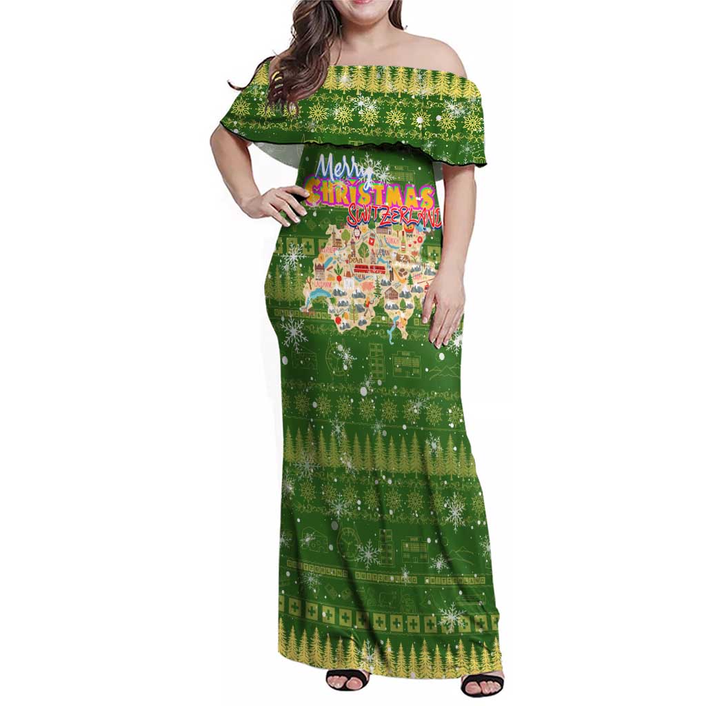 Merry Christmas Switzerland Family Matching Off Shoulder Maxi Dress and Hawaiian Shirt Xmas Travel Map - Wonder Print Shop
