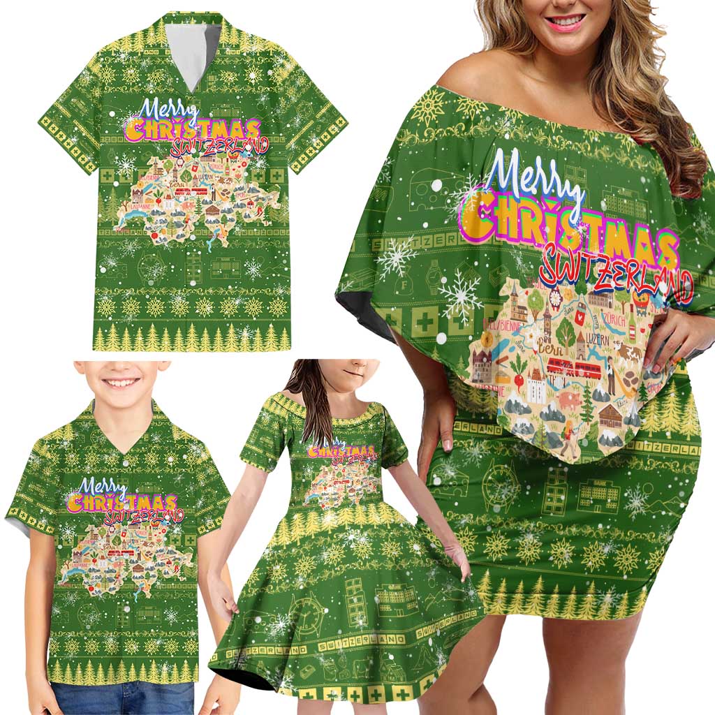 Merry Christmas Switzerland Family Matching Off Shoulder Short Dress and Hawaiian Shirt Xmas Travel Map - Wonder Print Shop