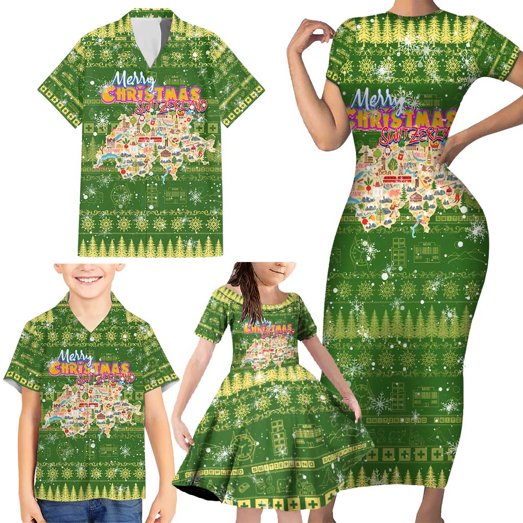 Merry Christmas Switzerland Family Matching Short Sleeve Bodycon Dress and Hawaiian Shirt Xmas Travel Map - Wonder Print Shop
