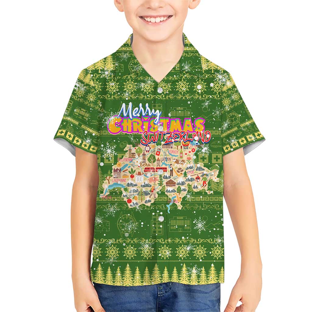 Merry Christmas Switzerland Kid Hawaiian Shirt Xmas Travel Map - Wonder Print Shop