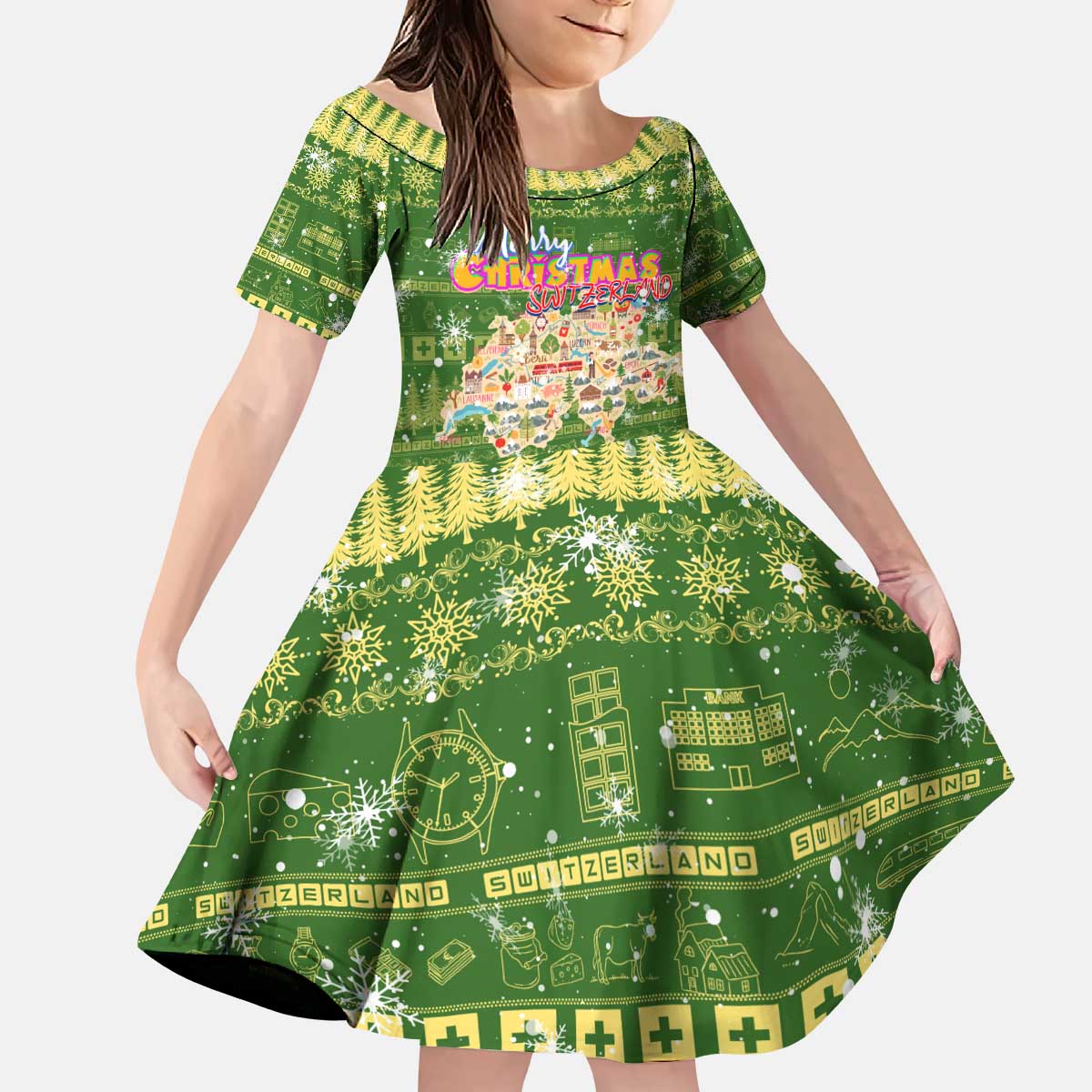 Merry Christmas Switzerland Kid Short Sleeve Dress Xmas Travel Map - Wonder Print Shop