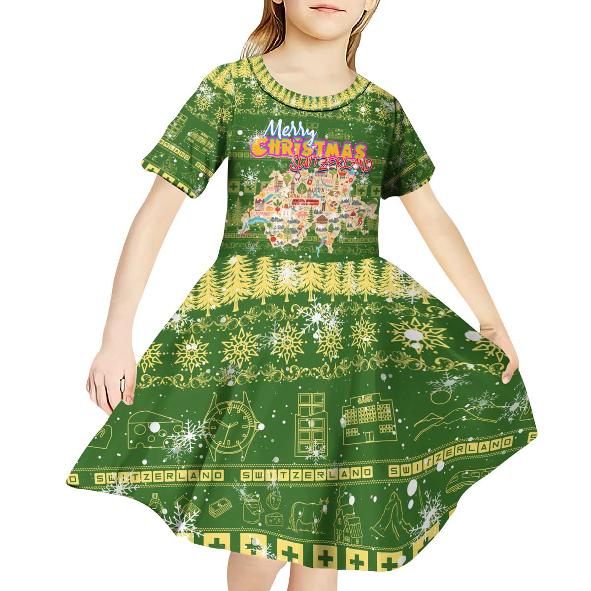 Merry Christmas Switzerland Kid Short Sleeve Dress Xmas Travel Map - Wonder Print Shop