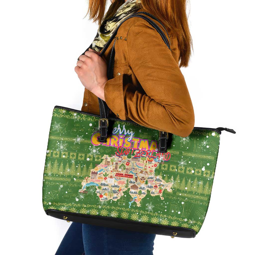 Merry Christmas Switzerland Leather Tote Bag Xmas Travel Map - Wonder Print Shop