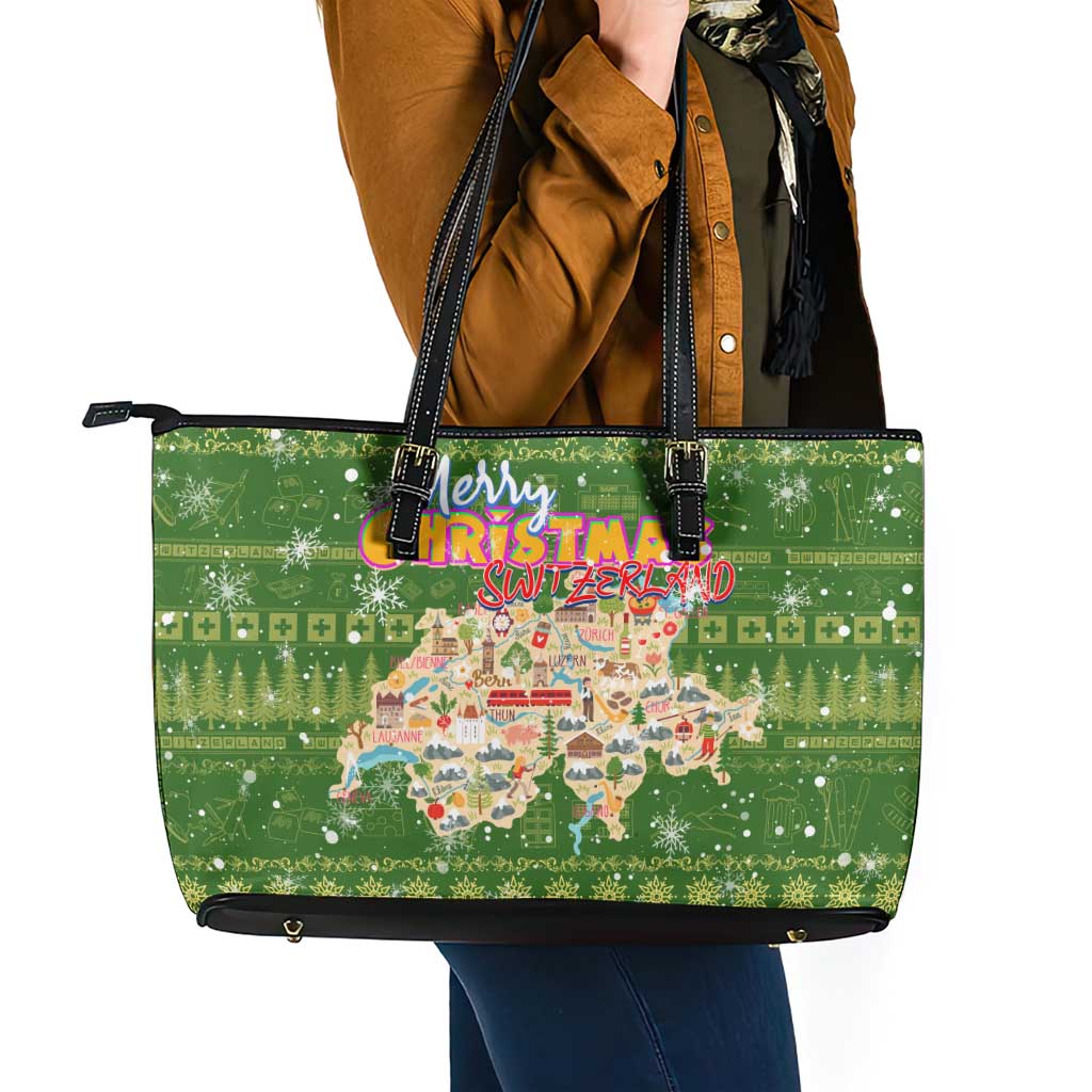 Merry Christmas Switzerland Leather Tote Bag Xmas Travel Map - Wonder Print Shop