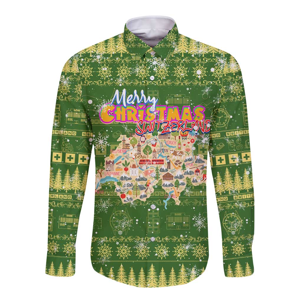 Merry Christmas Switzerland Long Sleeve Button Shirt Xmas Travel Map - Wonder Print Shop
