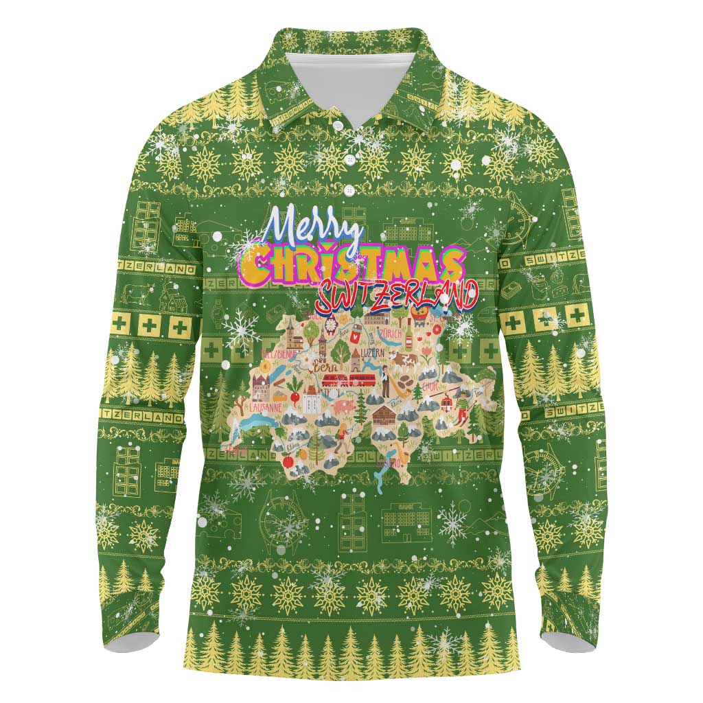 Merry Christmas Switzerland Long Sleeve Polo Shirt Xmas Travel Map - Wonder Print Shop