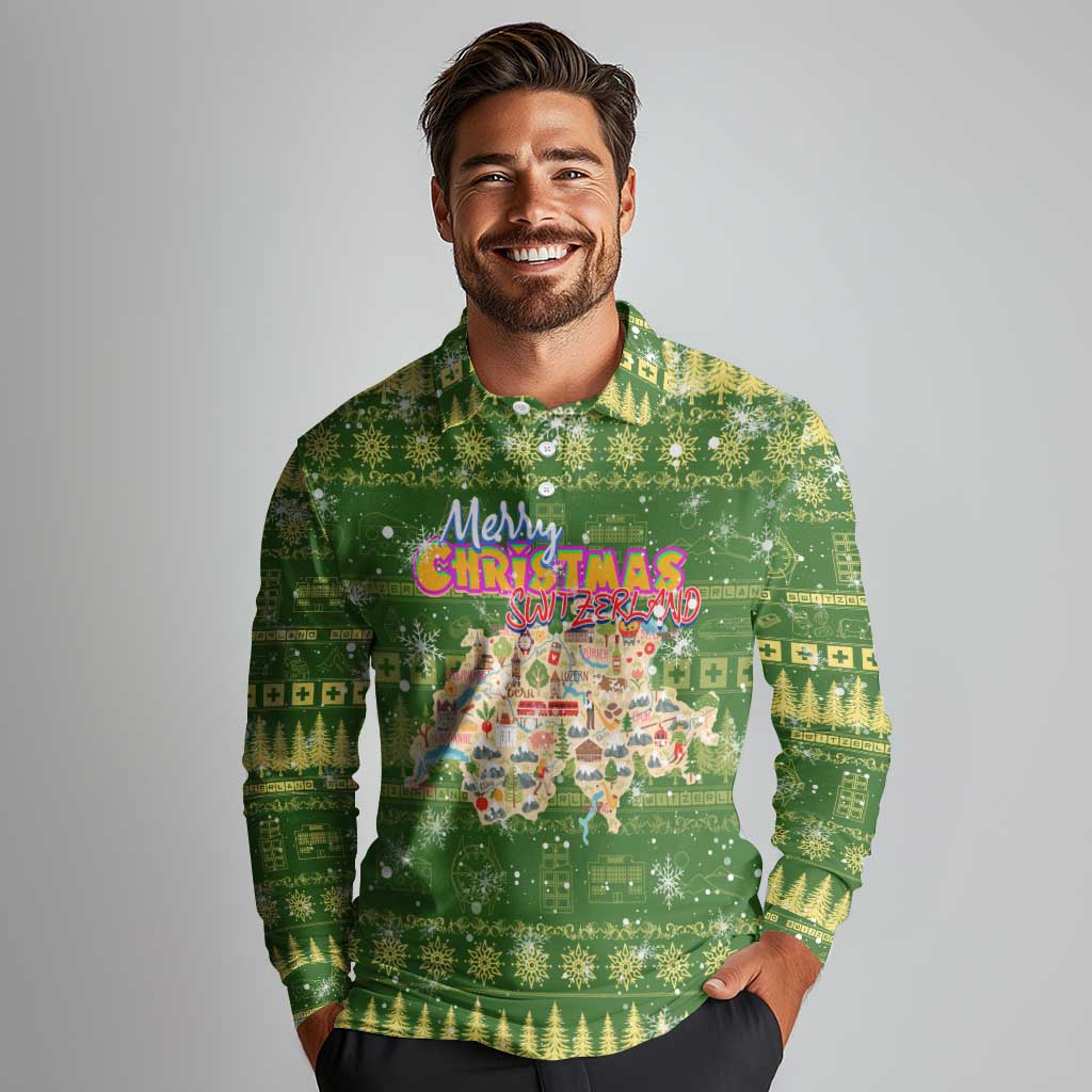 Merry Christmas Switzerland Long Sleeve Polo Shirt Xmas Travel Map - Wonder Print Shop