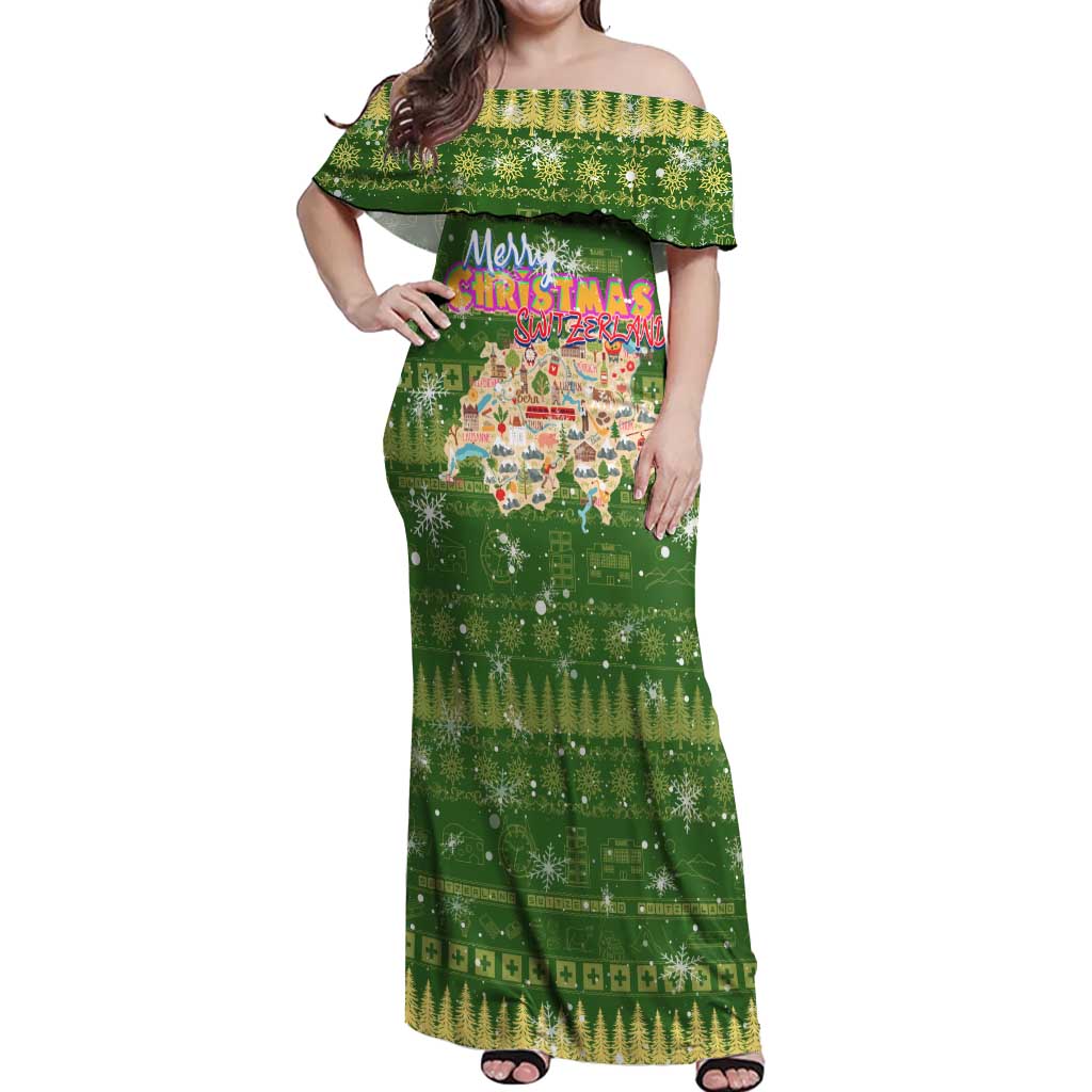 Merry Christmas Switzerland Off Shoulder Maxi Dress Xmas Travel Map - Wonder Print Shop