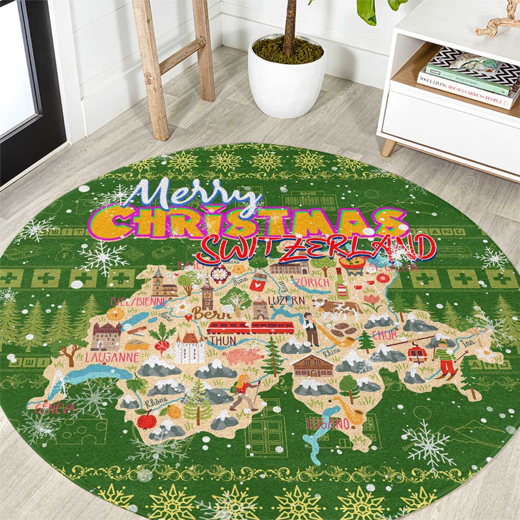 Merry Christmas Switzerland Round Carpet Xmas Travel Map - Wonder Print Shop