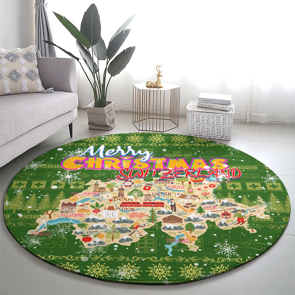 Merry Christmas Switzerland Round Carpet Xmas Travel Map - Wonder Print Shop