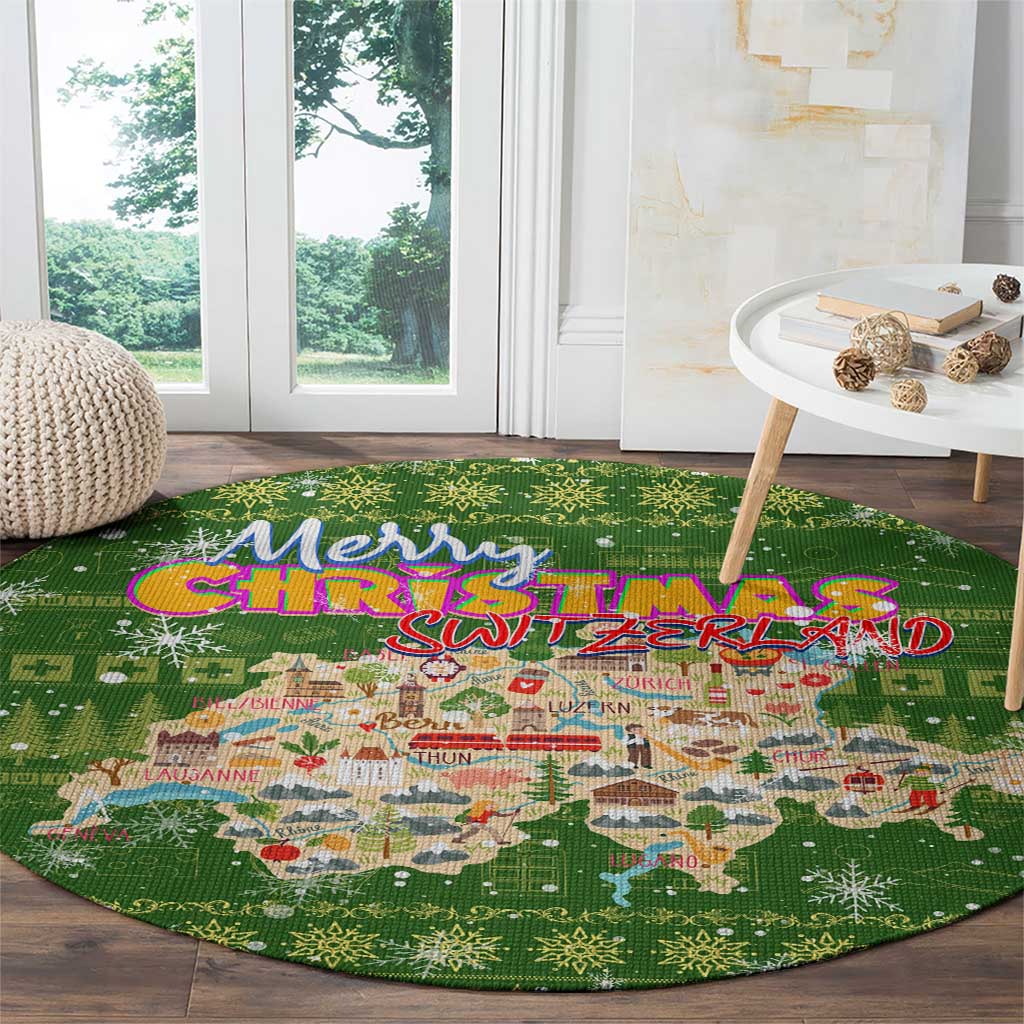 Merry Christmas Switzerland Round Carpet Xmas Travel Map - Wonder Print Shop