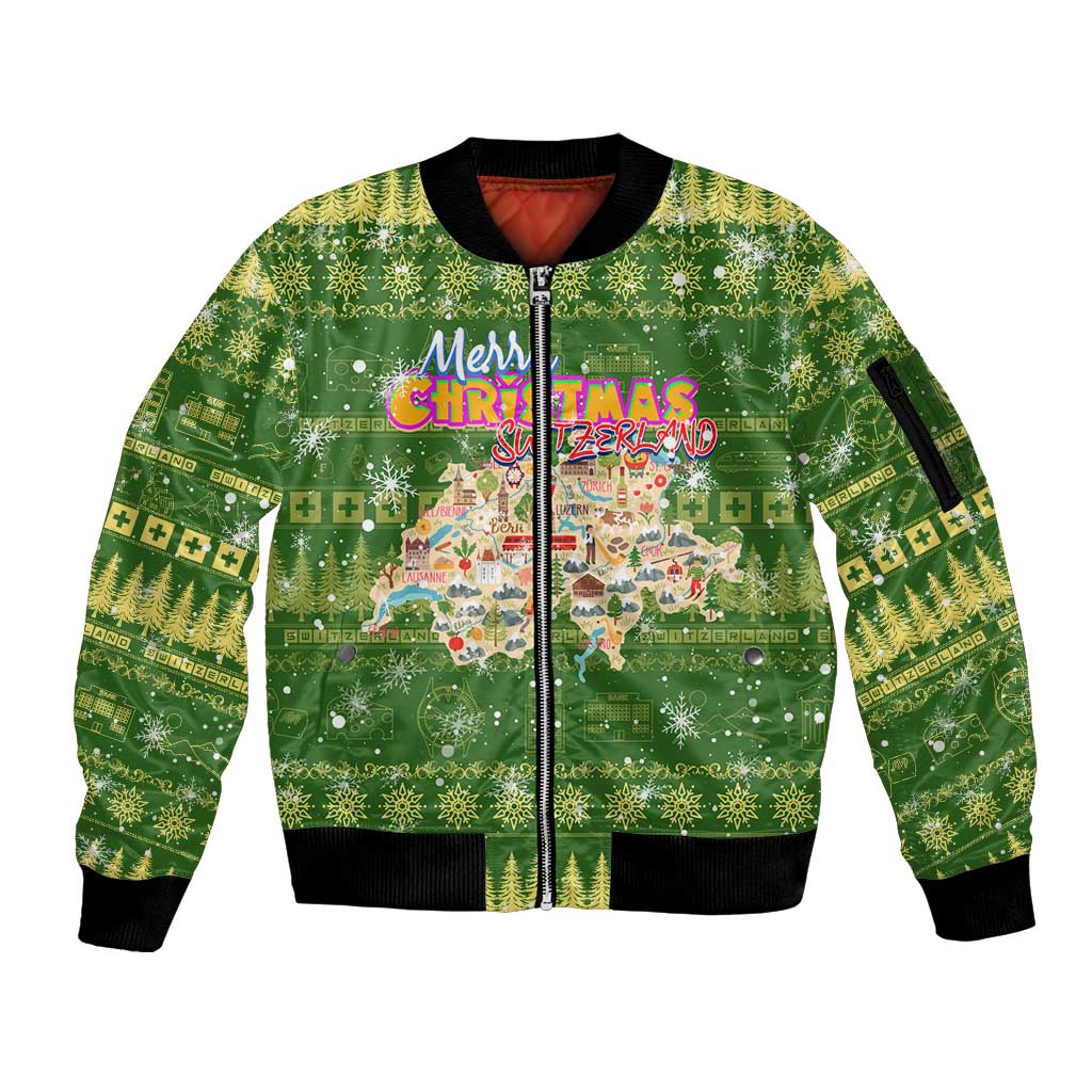 Merry Christmas Switzerland Sleeve Zip Bomber Jacket Xmas Travel Map - Wonder Print Shop