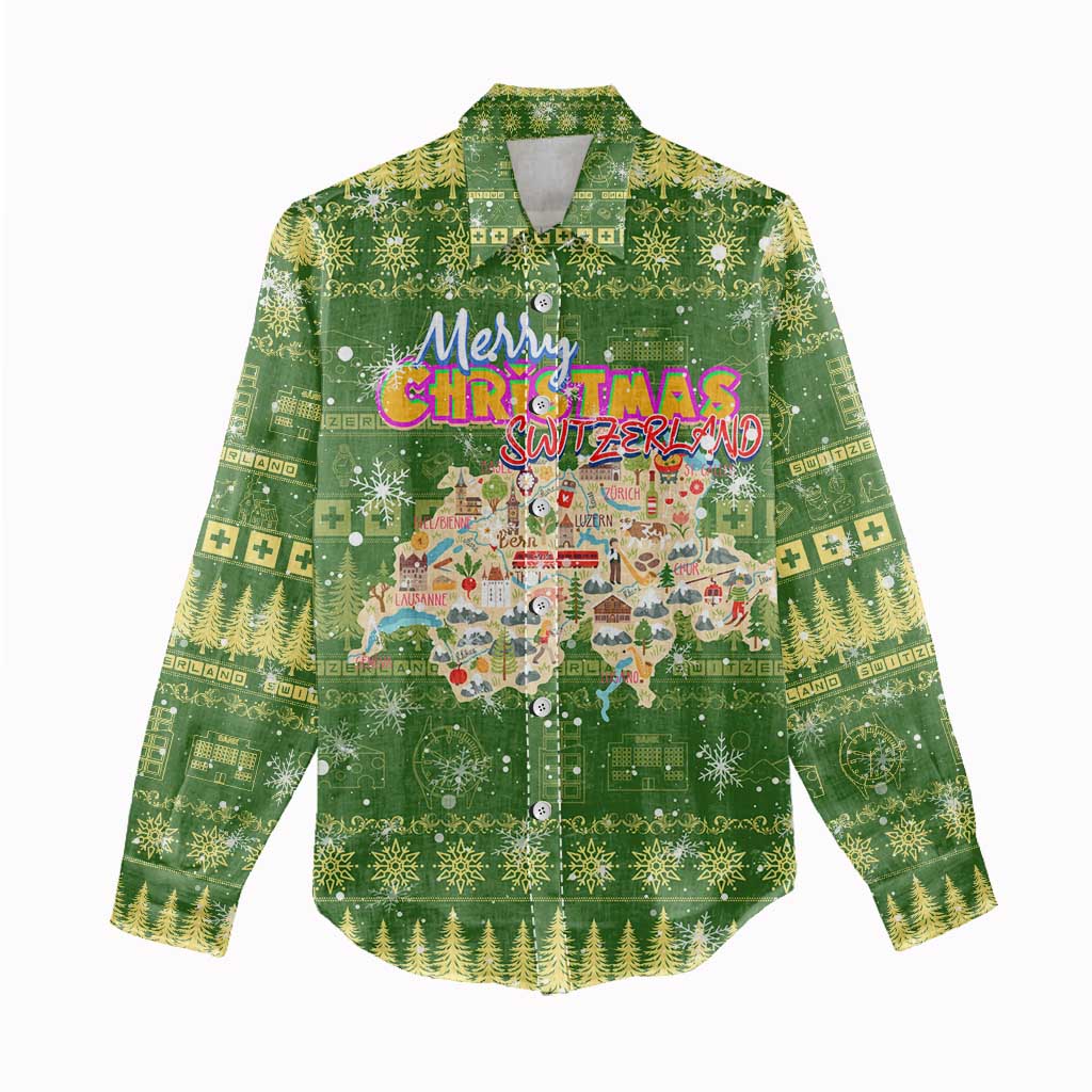 Merry Christmas Switzerland Women Casual Shirt Xmas Travel Map - Wonder Print Shop