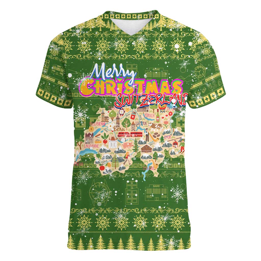 Merry Christmas Switzerland Women V-Neck T-Shirt Xmas Travel Map - Wonder Print Shop