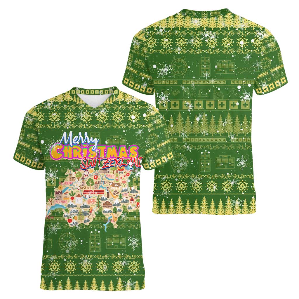 Merry Christmas Switzerland Women V-Neck T-Shirt Xmas Travel Map - Wonder Print Shop