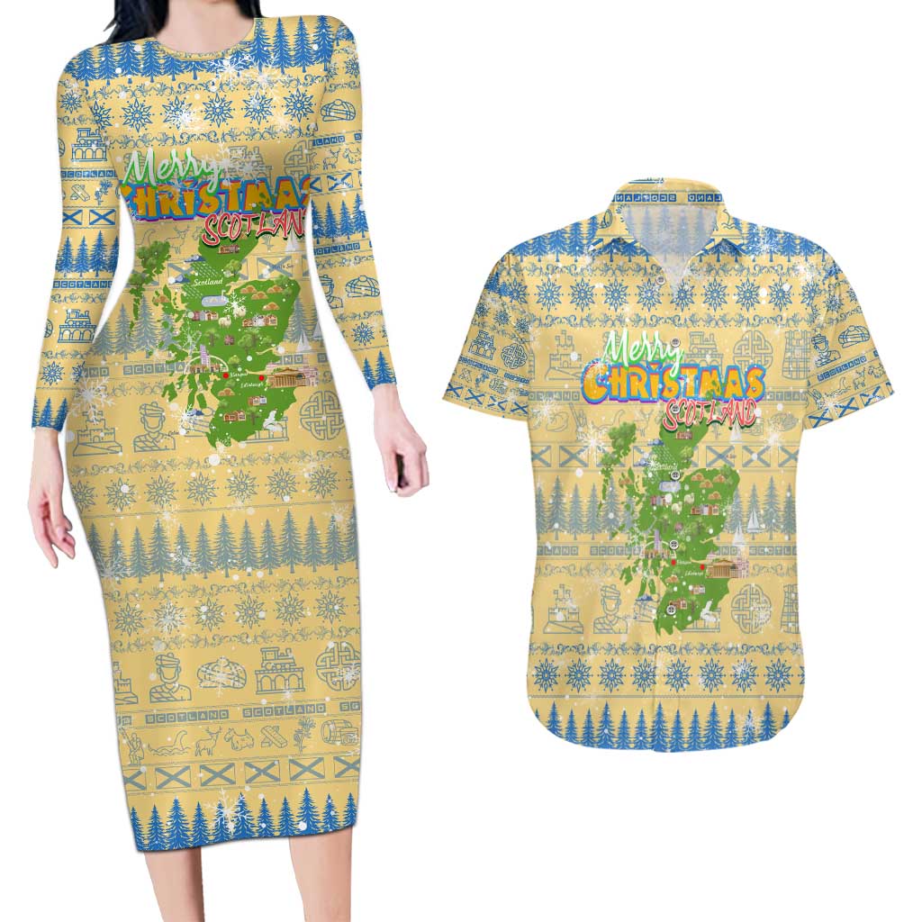 Merry Christmas Scotland Couples Matching Long Sleeve Bodycon Dress and Hawaiian Shirt Xmas Travel Map - Wonder Print Shop
