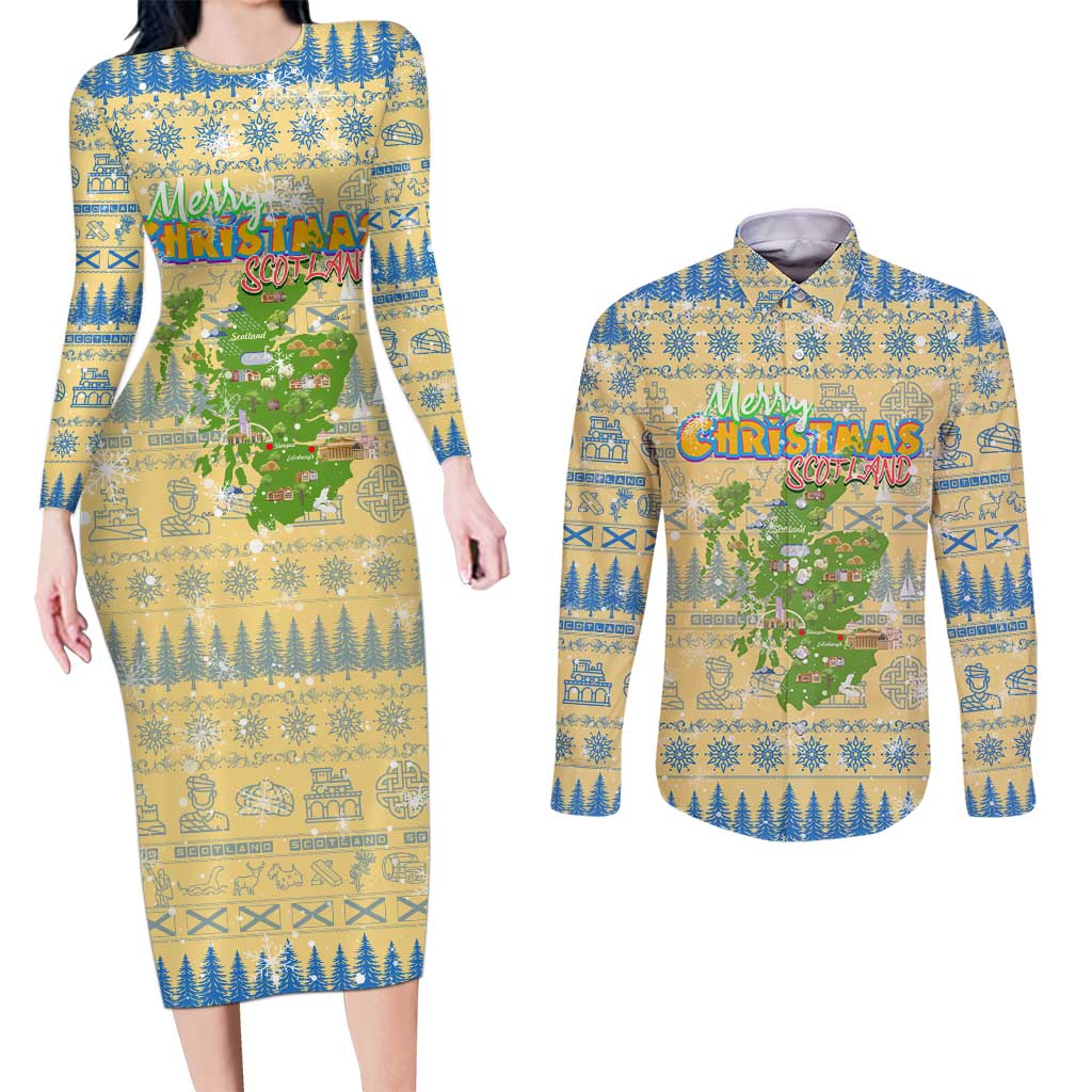 Merry Christmas Scotland Couples Matching Long Sleeve Bodycon Dress and Long Sleeve Button Shirt Xmas Travel Map - Wonder Print Shop