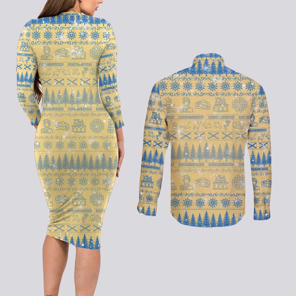 Merry Christmas Scotland Couples Matching Long Sleeve Bodycon Dress and Long Sleeve Button Shirt Xmas Travel Map - Wonder Print Shop