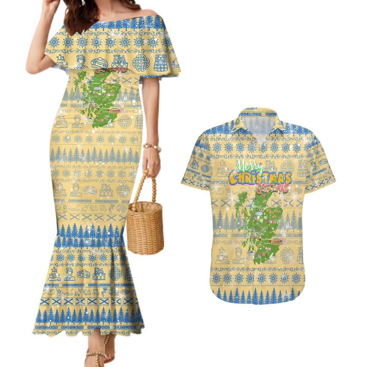 Merry Christmas Scotland Couples Matching Mermaid Dress and Hawaiian Shirt Xmas Travel Map - Wonder Print Shop