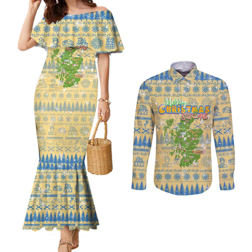 Merry Christmas Scotland Couples Matching Mermaid Dress and Long Sleeve Button Shirt Xmas Travel Map - Wonder Print Shop