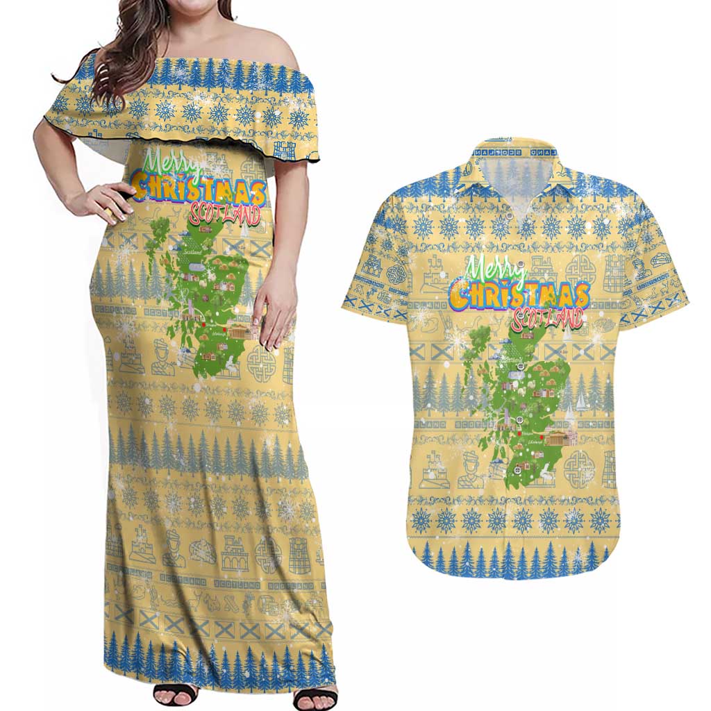 Merry Christmas Scotland Couples Matching Off Shoulder Maxi Dress and Hawaiian Shirt Xmas Travel Map - Wonder Print Shop