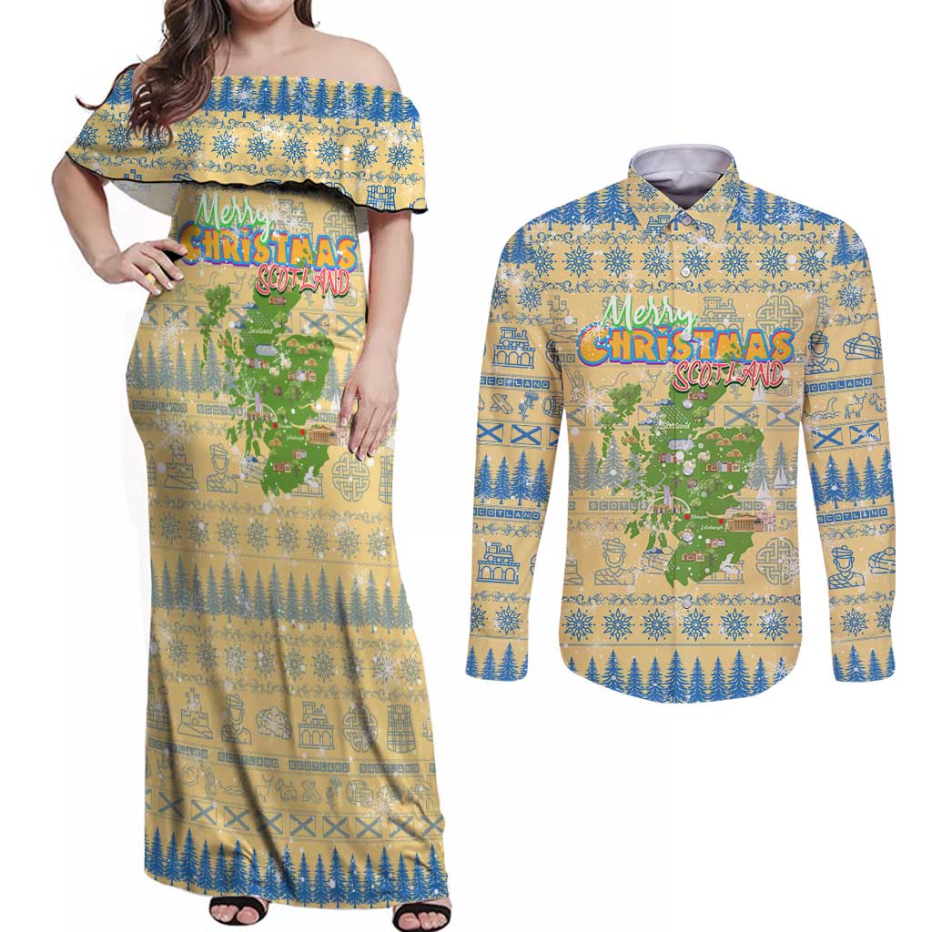 Merry Christmas Scotland Couples Matching Off Shoulder Maxi Dress and Long Sleeve Button Shirt Xmas Travel Map - Wonder Print Shop