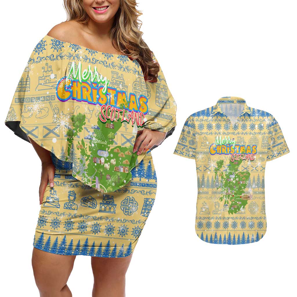 Merry Christmas Scotland Couples Matching Off Shoulder Short Dress and Hawaiian Shirt Xmas Travel Map - Wonder Print Shop
