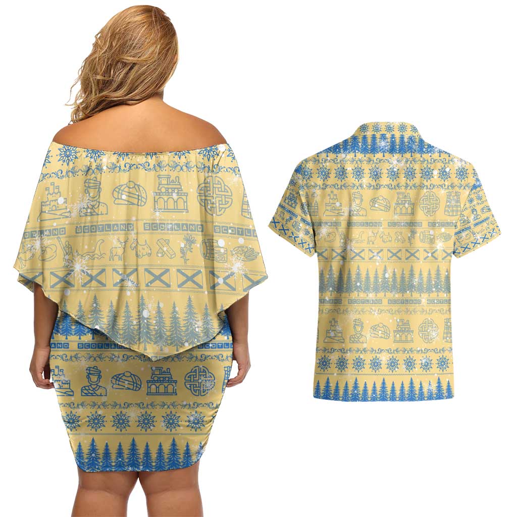 Merry Christmas Scotland Couples Matching Off Shoulder Short Dress and Hawaiian Shirt Xmas Travel Map - Wonder Print Shop