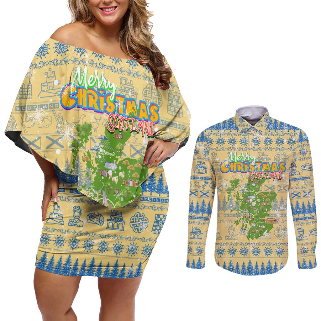 Merry Christmas Scotland Couples Matching Off Shoulder Short Dress and Long Sleeve Button Shirt Xmas Travel Map - Wonder Print Shop